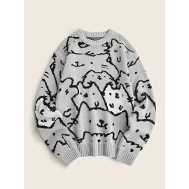 Mens Cozy Cats Pattern Knitted Pullover Sweater - Stylish, Warm & Flexible, Perfect for Fall Winter - Comfortable Crew Neck, Adorable Cat Design