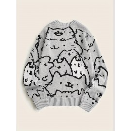 Mens Cozy Cats Pattern Knitted Pullover Sweater - Stylish, Warm & Flexible, Perfect for Fall Winter - Comfortable Crew Neck, Adorable Cat Design