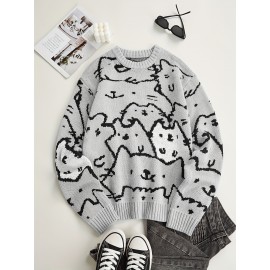 Mens Cozy Cats Pattern Knitted Pullover Sweater - Stylish, Warm & Flexible, Perfect for Fall Winter - Comfortable Crew Neck, Adorable Cat Design