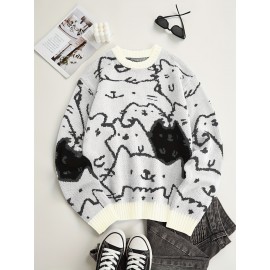 Mens Cozy Cats Pattern Knitted Pullover Sweater - Stylish, Warm & Flexible, Perfect for Fall Winter - Comfortable Crew Neck, Adorable Cat Design
