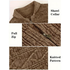 Mens Shawl Neck Cardigan Sweater Cable Knit Zip Up Closure with Pockets Winter Jacket Outerwear