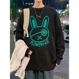 Men's Loose Cartoon Rabbit Graphic Print Knitted Pullover, Casual Long Sleeve Crew Neck Sweater For Fall Winter