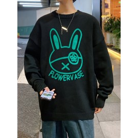 Men's Loose Cartoon Rabbit Graphic Print Knitted Pullover, Casual Long Sleeve Crew Neck Sweater For Fall Winter