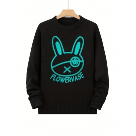 Men's Loose Cartoon Rabbit Graphic Print Knitted Pullover, Casual Long Sleeve Crew Neck Sweater For Fall Winter
