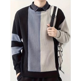 Men's Stylish Stripe Pattern Shirt, Casual Breathable Long Sleeve Crew Neck Top For City Walk Street Hanging Outdoor Activities