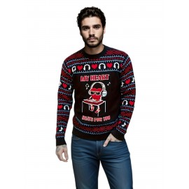 Men's Headphone, Love And Geometric Graphic Pattern Knit Crew Neck Long Sleeve Sweater, Trendy And Stylish Tops For Autumn And Winter Outdoors And Sports Wear