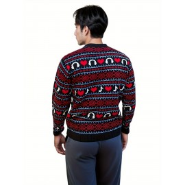Men's Headphone, Love And Geometric Graphic Pattern Knit Crew Neck Long Sleeve Sweater, Trendy And Stylish Tops For Autumn And Winter Outdoors And Sports Wear