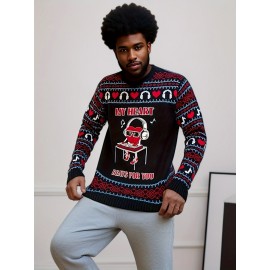 Men's Headphone, Love And Geometric Graphic Pattern Knit Crew Neck Long Sleeve Sweater, Trendy And Stylish Tops For Autumn And Winter Outdoors And Sports Wear