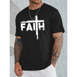 Plus Size Big-Tall Mens Comfy Crew Neck Graphic Tees - Soft Medium Stretch Recycled Polyester, Semi-Sheer Alphabets Pattern, All-Season Casual Chic Sports T-Shirts for Adult - FAITH Graphic Round Neck Summer Clothes