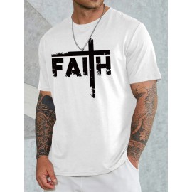 Plus Size Big-Tall Mens Comfy Crew Neck Graphic Tees - Soft Medium Stretch Recycled Polyester, Semi-Sheer Alphabets Pattern, All-Season Casual Chic Sports T-Shirts for Adult - FAITH Graphic Round Neck Summer Clothes