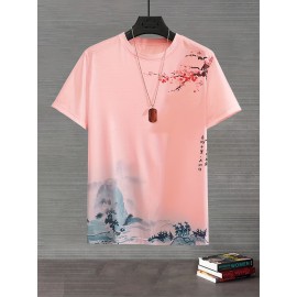 Plus Size Artistic Graphic Tee - Vibrant Landscape Painting Pattern Design, Fashionable Creative Streetwear Style, Ultra-Comfy Chic Casual Wear for Everyday - Mens Fashion T-shirt for Larger Fit