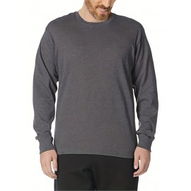 Plus Size Mens Casual Sports Crew Neck Long Sleeve T-Shirts - Soft Medium Stretch Polyester Fabric, Regular Fit, Solid Color, Oversized Tops for Big & Tall Males, Perfect for Spring and Autumn