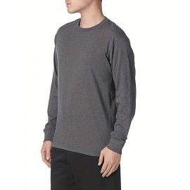 Plus Size Mens Casual Sports Crew Neck Long Sleeve T-Shirts - Soft Medium Stretch Polyester Fabric, Regular Fit, Solid Color, Oversized Tops for Big & Tall Males, Perfect for Spring and Autumn