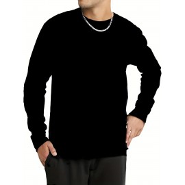 Plus Size Mens Casual Sports Crew Neck Long Sleeve T-Shirts - Soft Medium Stretch Polyester Fabric, Regular Fit, Solid Color, Oversized Tops for Big & Tall Males, Perfect for Spring and Autumn