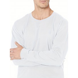 Plus Size Mens Casual Sports Crew Neck Long Sleeve T-Shirts - Soft Medium Stretch Polyester Fabric, Regular Fit, Solid Color, Oversized Tops for Big & Tall Males, Perfect for Spring and Autumn