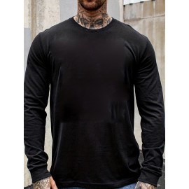 Plus Size Mens Casual Sports Crew Neck Long Sleeve T-Shirts - Soft Medium Stretch Polyester Fabric, Regular Fit, Solid Color, Oversized Tops for Big & Tall Males, Perfect for Spring and Autumn