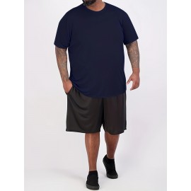 Plus Size Mens Slim Fit Short Sleeve Crew Neck T-Shirts - Soft Slight Stretch Polyester Fabric, Elegant and Mature Solid Color Design, Machine Washable, Perfect for Exercise and Summer Wear