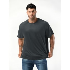 Plus Size Mens Slim Fit Short Sleeve Crew Neck T-Shirts - Soft Slight Stretch Polyester Fabric, Elegant and Mature Solid Color Design, Machine Washable, Perfect for Exercise and Summer Wear