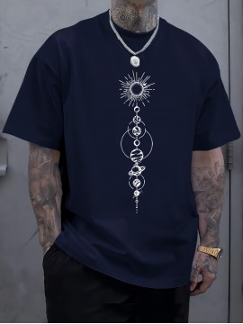 Plus Size Mens Geometric Pattern Crew Neck Short Sleeve T-Shirt - Soft Slight Stretch Polyester Fabric, Casual and Trendy Summer Top for Daily and Sports Wear - Machine Washable, Regular Fit, Knit Fabric, No Sheer