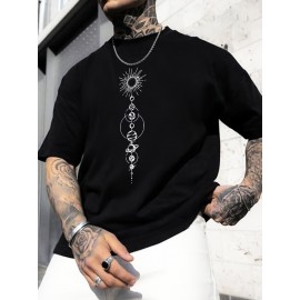Plus Size Mens Geometric Pattern Crew Neck Short Sleeve T-Shirt - Soft Slight Stretch Polyester Fabric, Casual and Trendy Summer Top for Daily and Sports Wear - Machine Washable, Regular Fit, Knit Fabric, No Sheer