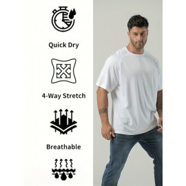 Plus Size Mens Ultra-Breathable, Quick-Drying Crew Neck T-Shirt for Sports - Moisture-Wicking, Medium Stretch, Regular Fit, Polyester Fabric - Perfect for Spring and Fall Seasons