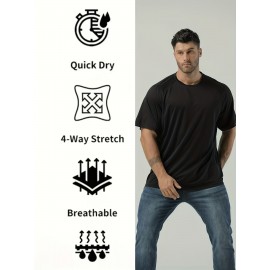 Plus Size Mens Ultra-Breathable, Quick-Drying Crew Neck T-Shirt for Sports - Moisture-Wicking, Medium Stretch, Regular Fit, Polyester Fabric - Perfect for Spring and Fall Seasons