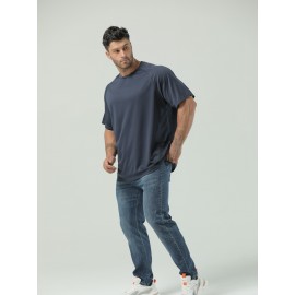 Plus Size Mens Ultra-Breathable, Quick-Drying Crew Neck T-Shirt for Sports - Moisture-Wicking, Medium Stretch, Regular Fit, Polyester Fabric - Perfect for Spring and Fall Seasons