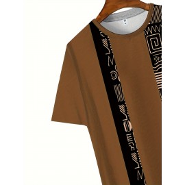 Plus Size Mens Crew Neck Vintage Style Pattern Print T-Shirts - Soft Slight Stretch Polyester Fabric, Machine Washable, Casual and Vintage Tops for Males - Color Block, Gingham, Stripes Designs, Regular Fit, Knit Fabric