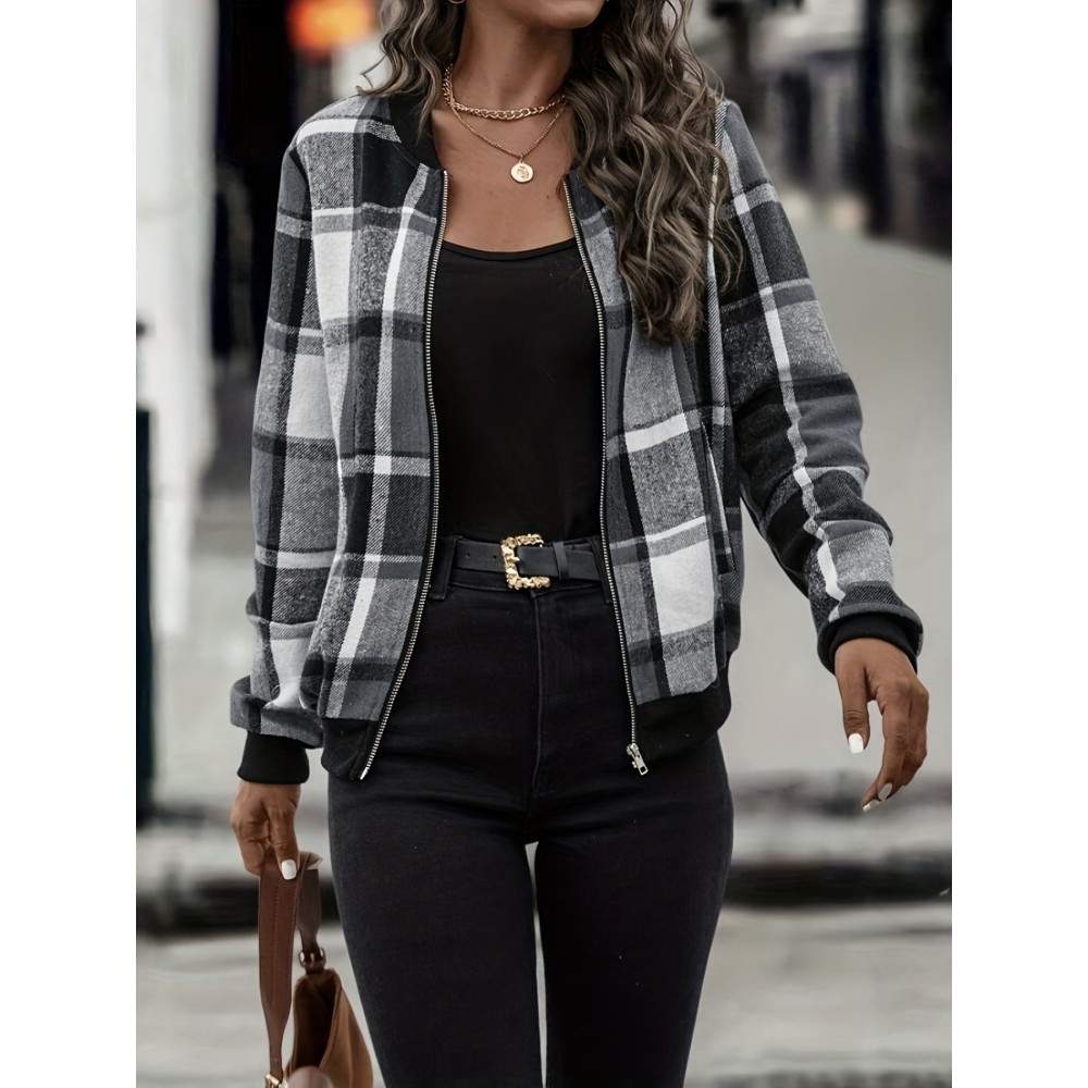 Stylish Plaid Print Bomber Jacket - Water-Resistant, Casual, Zip-Up, Long Sleeve, Outerwear for Women - Perfect for Daily Wear, Dating, and Outdoor Activities