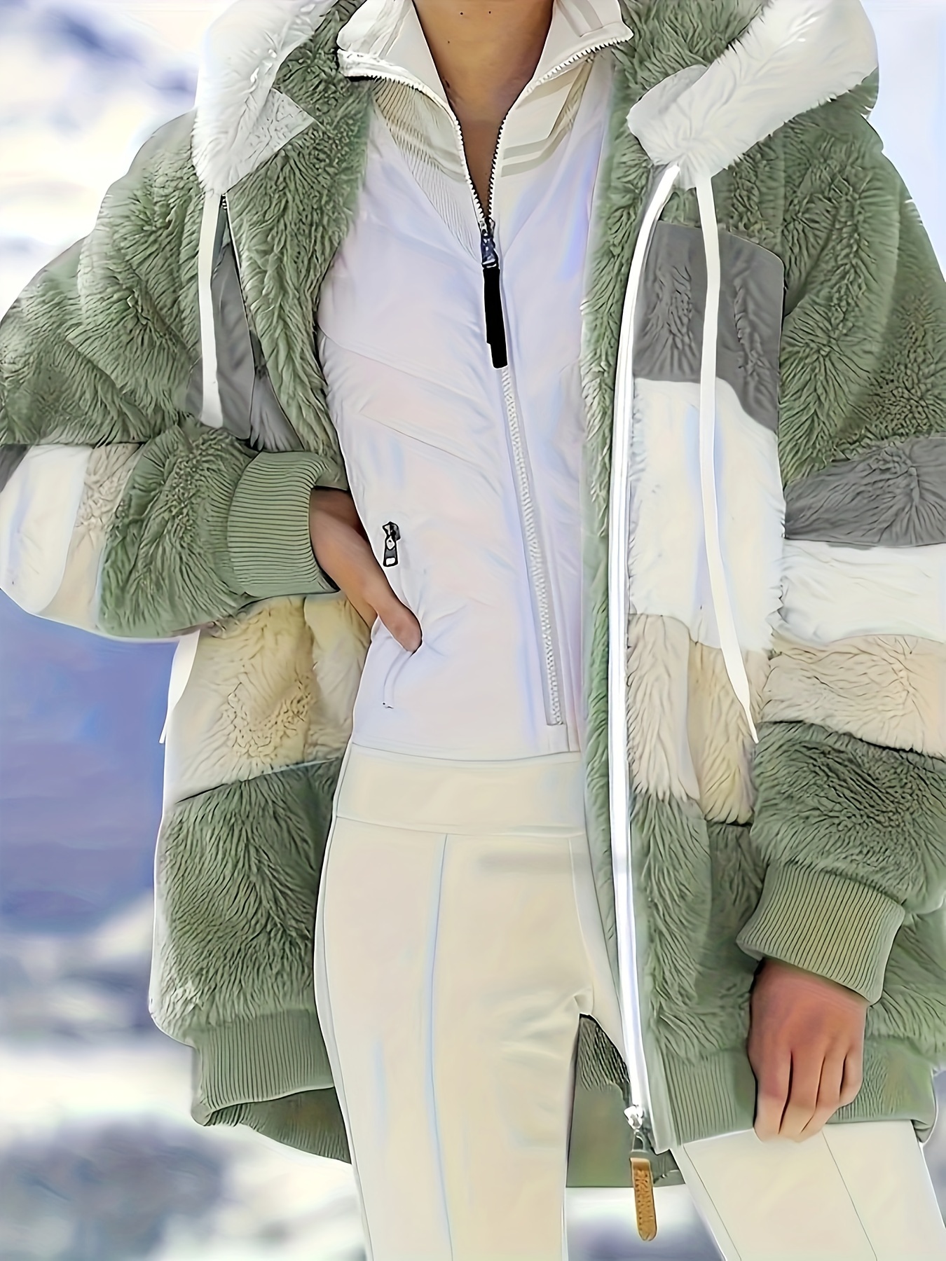 color block fuzzy hooded coat casual long sleeve winter warm outerwear womens clothing details 0