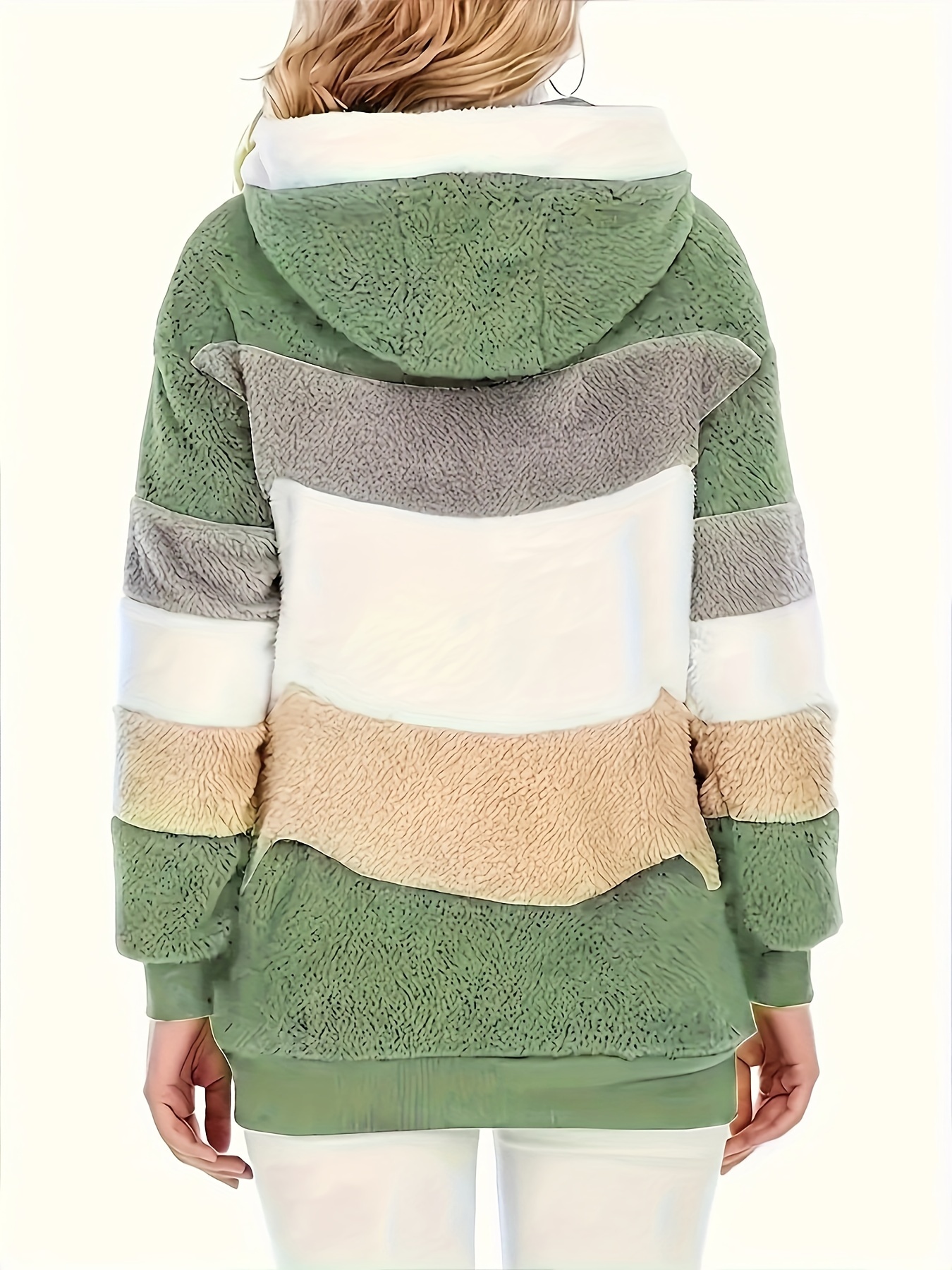 color block fuzzy hooded coat casual long sleeve winter warm outerwear womens clothing details 1