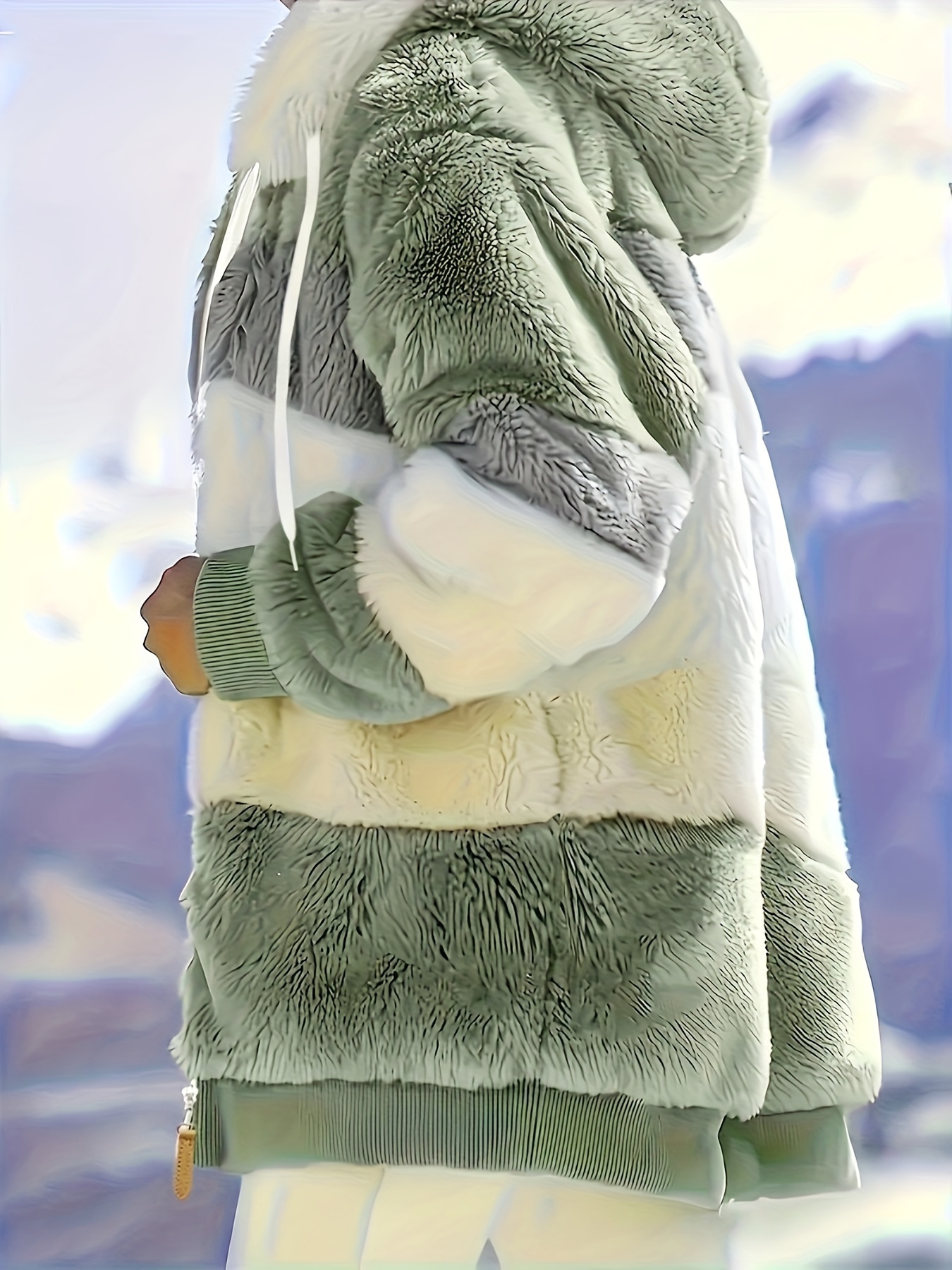 color block fuzzy hooded coat casual long sleeve winter warm outerwear womens clothing details 2