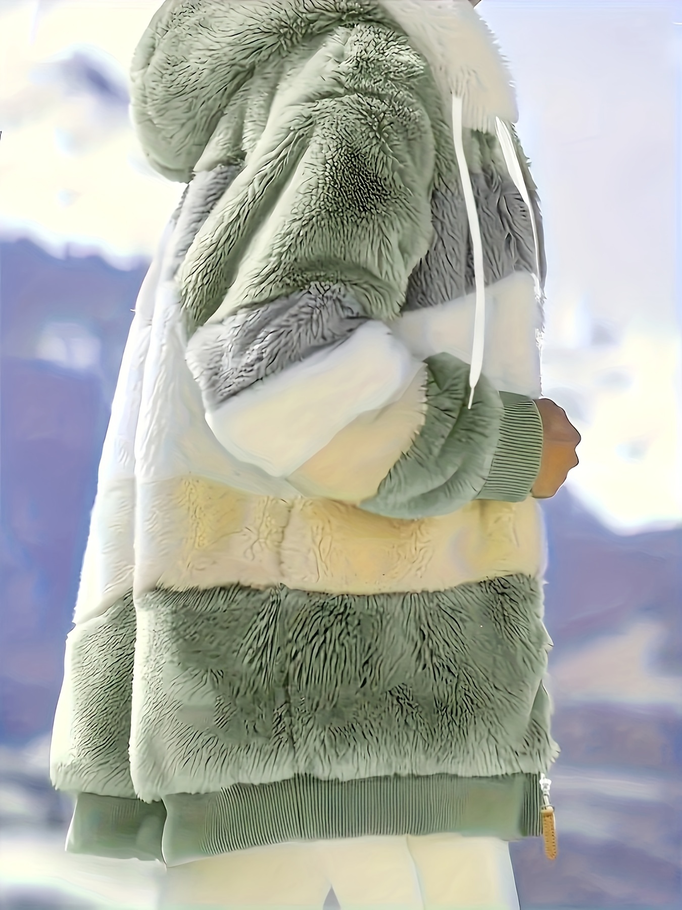 color block fuzzy hooded coat casual long sleeve winter warm outerwear womens clothing details 4