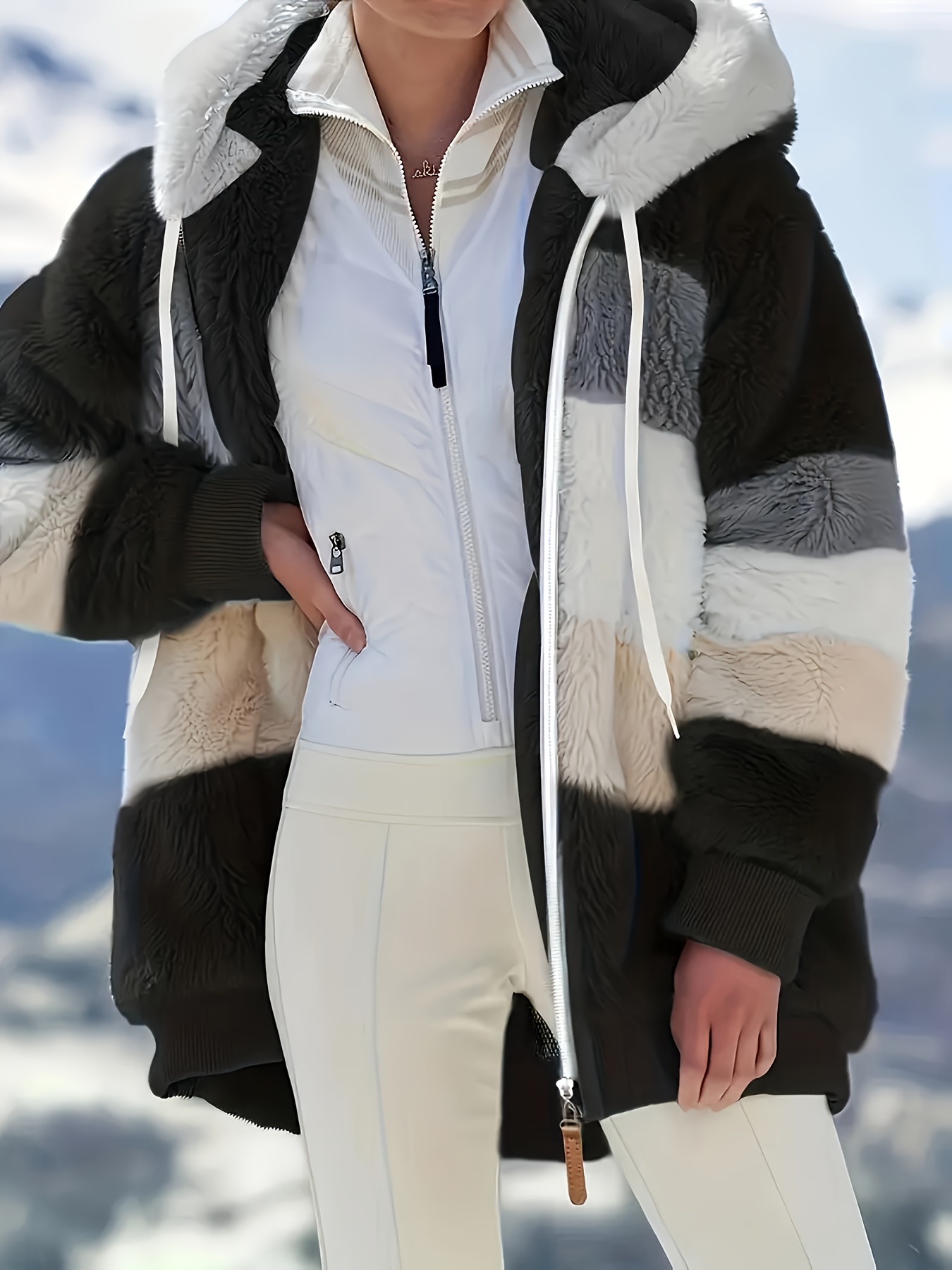 color block fuzzy hooded coat casual long sleeve winter warm outerwear womens clothing details 5