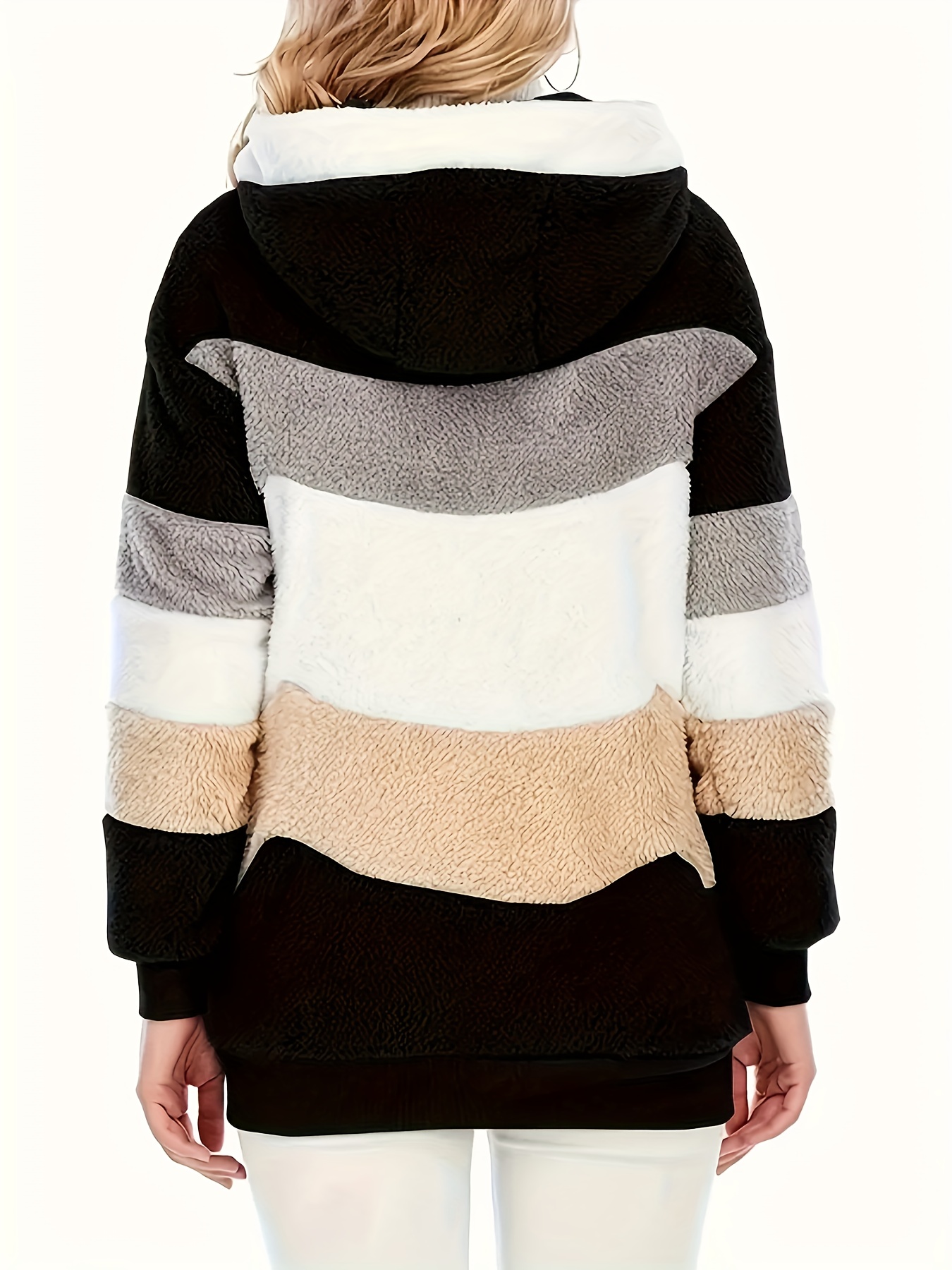 color block fuzzy hooded coat casual long sleeve winter warm outerwear womens clothing details 6