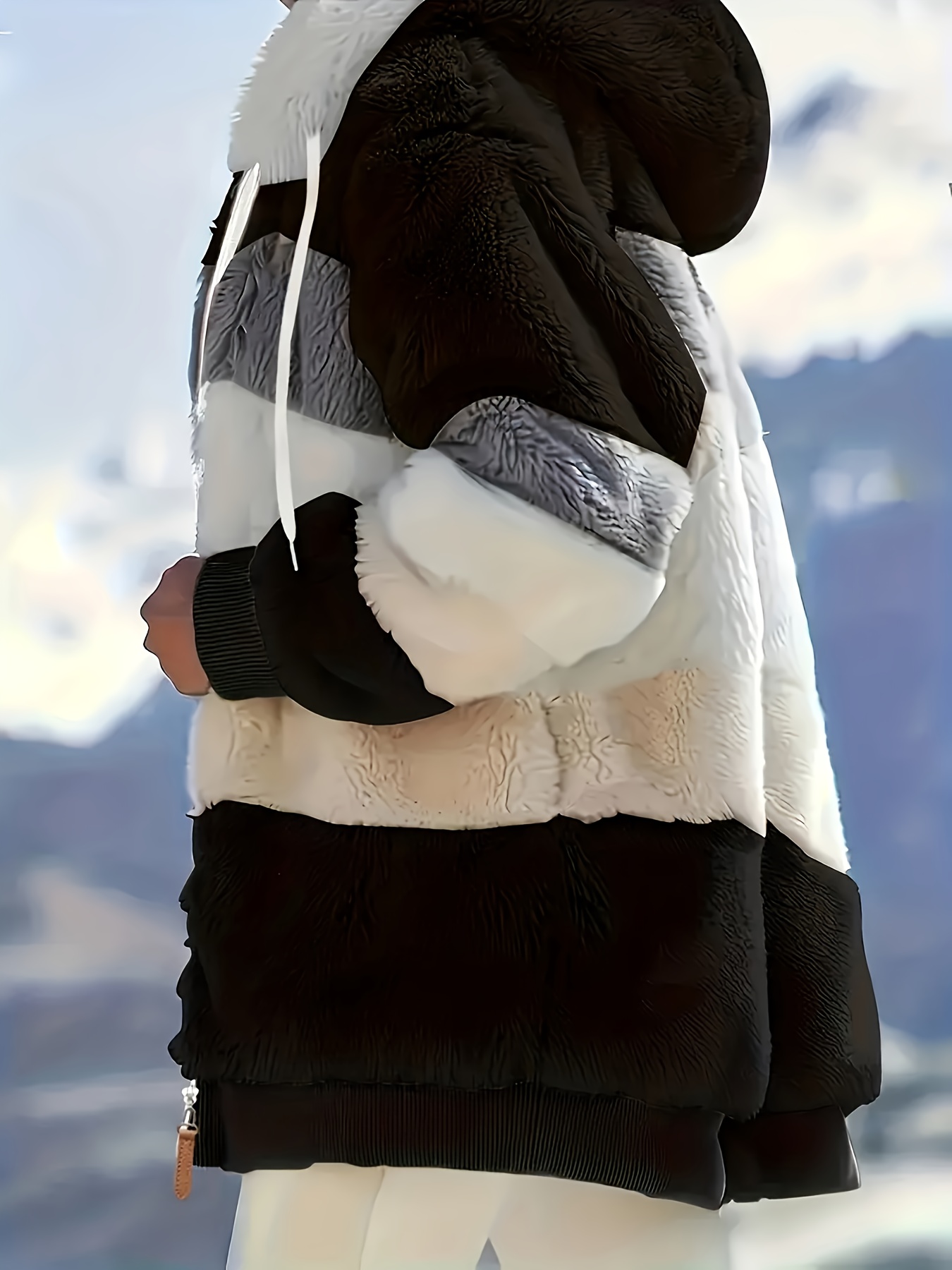 color block fuzzy hooded coat casual long sleeve winter warm outerwear womens clothing details 7