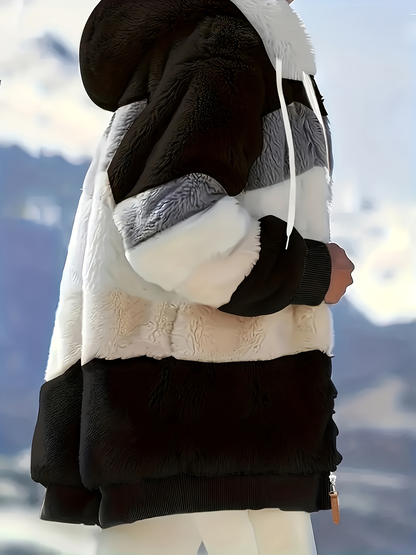 color block fuzzy hooded coat casual long sleeve winter warm outerwear womens clothing details 9