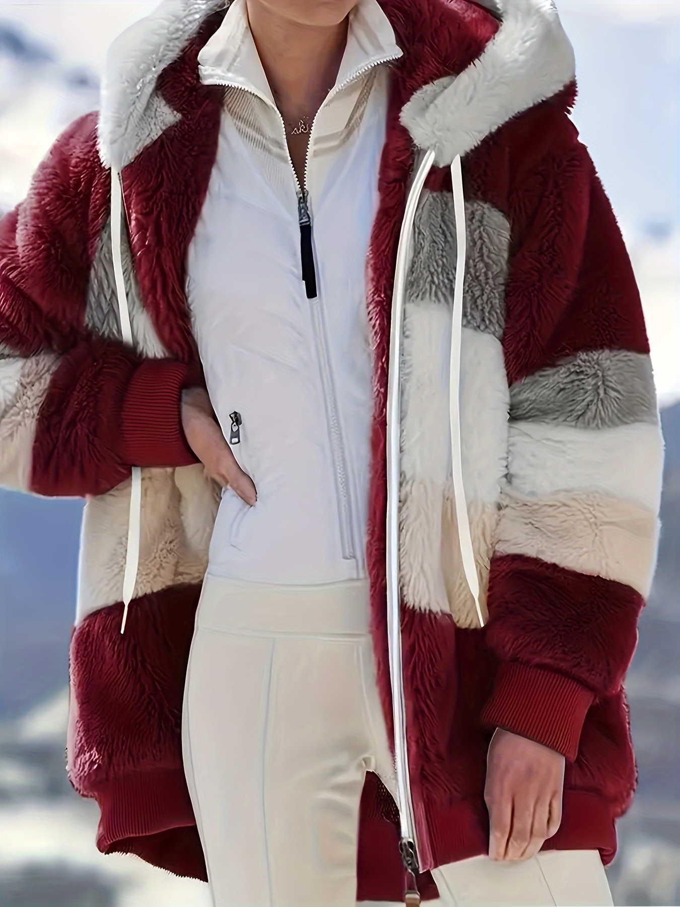 color block fuzzy hooded coat casual long sleeve winter warm outerwear womens clothing details 10