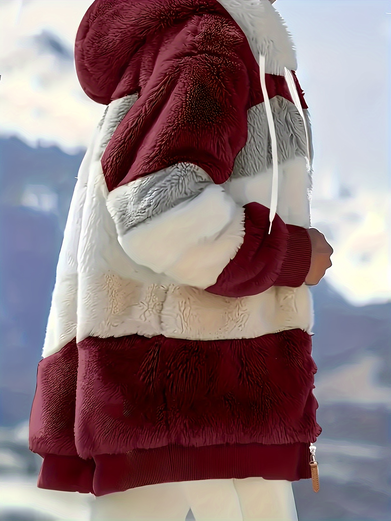 color block fuzzy hooded coat casual long sleeve winter warm outerwear womens clothing details 11