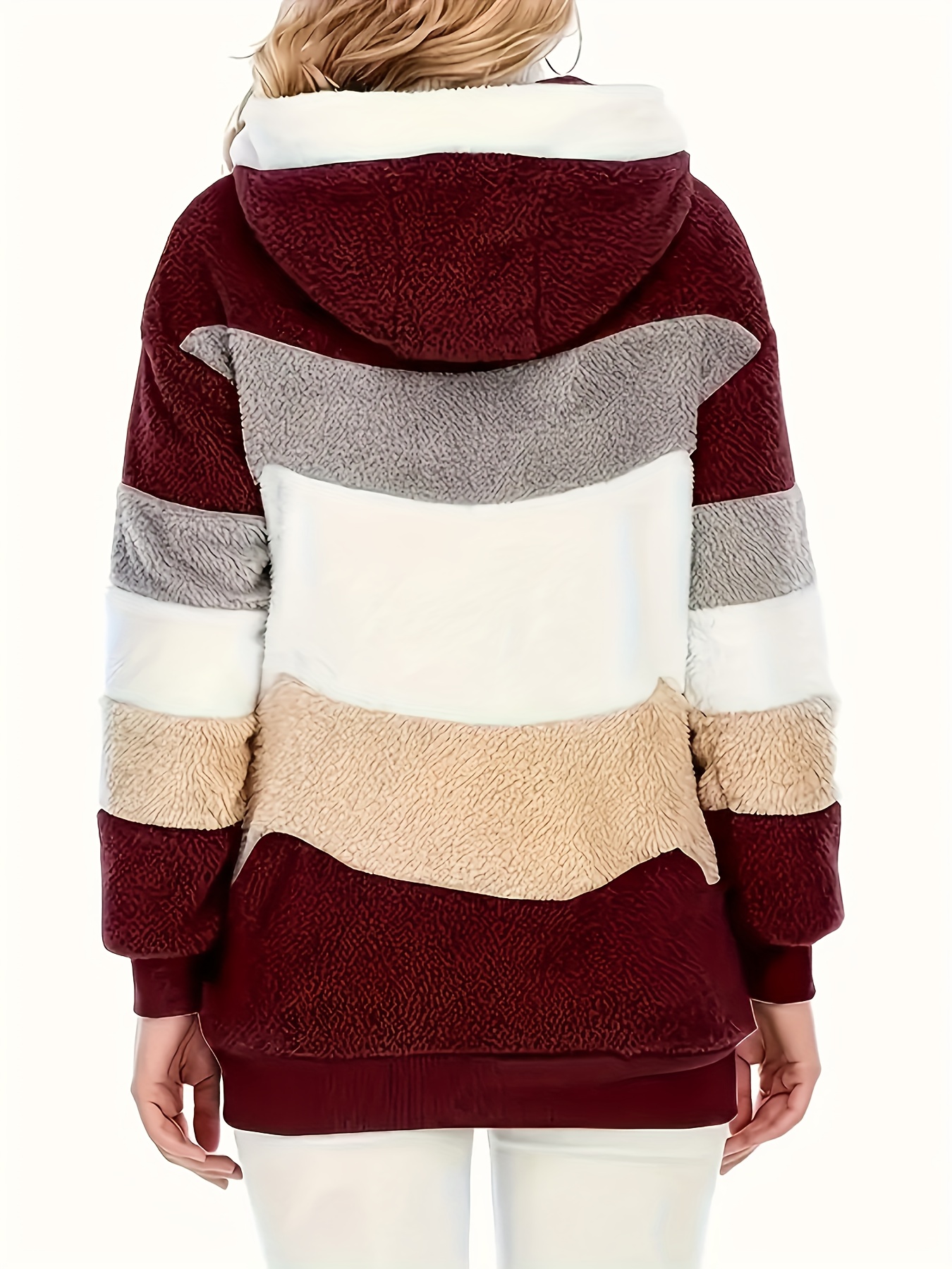 color block fuzzy hooded coat casual long sleeve winter warm outerwear womens clothing details 13