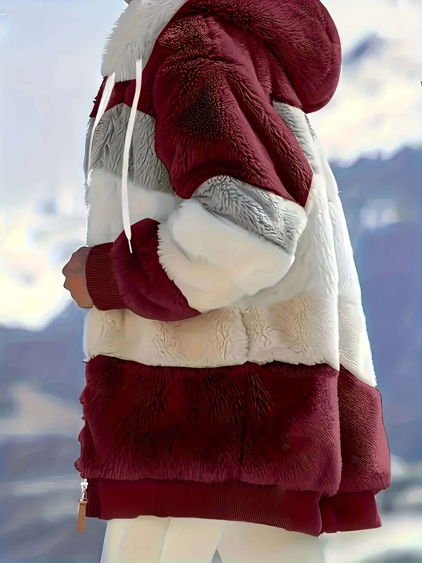 color block fuzzy hooded coat casual long sleeve winter warm outerwear womens clothing details 14