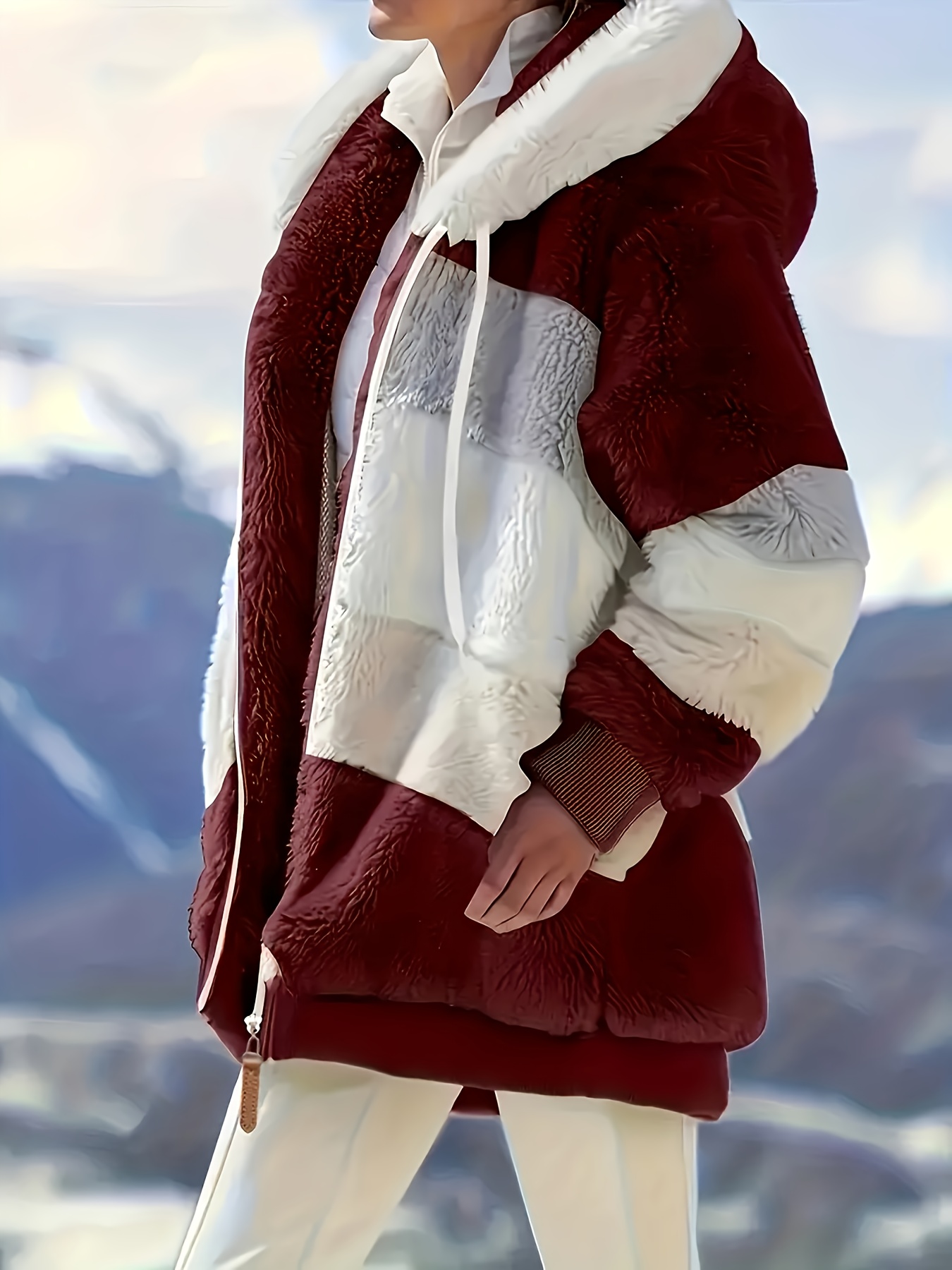 color block fuzzy hooded coat casual long sleeve winter warm outerwear womens clothing details 15