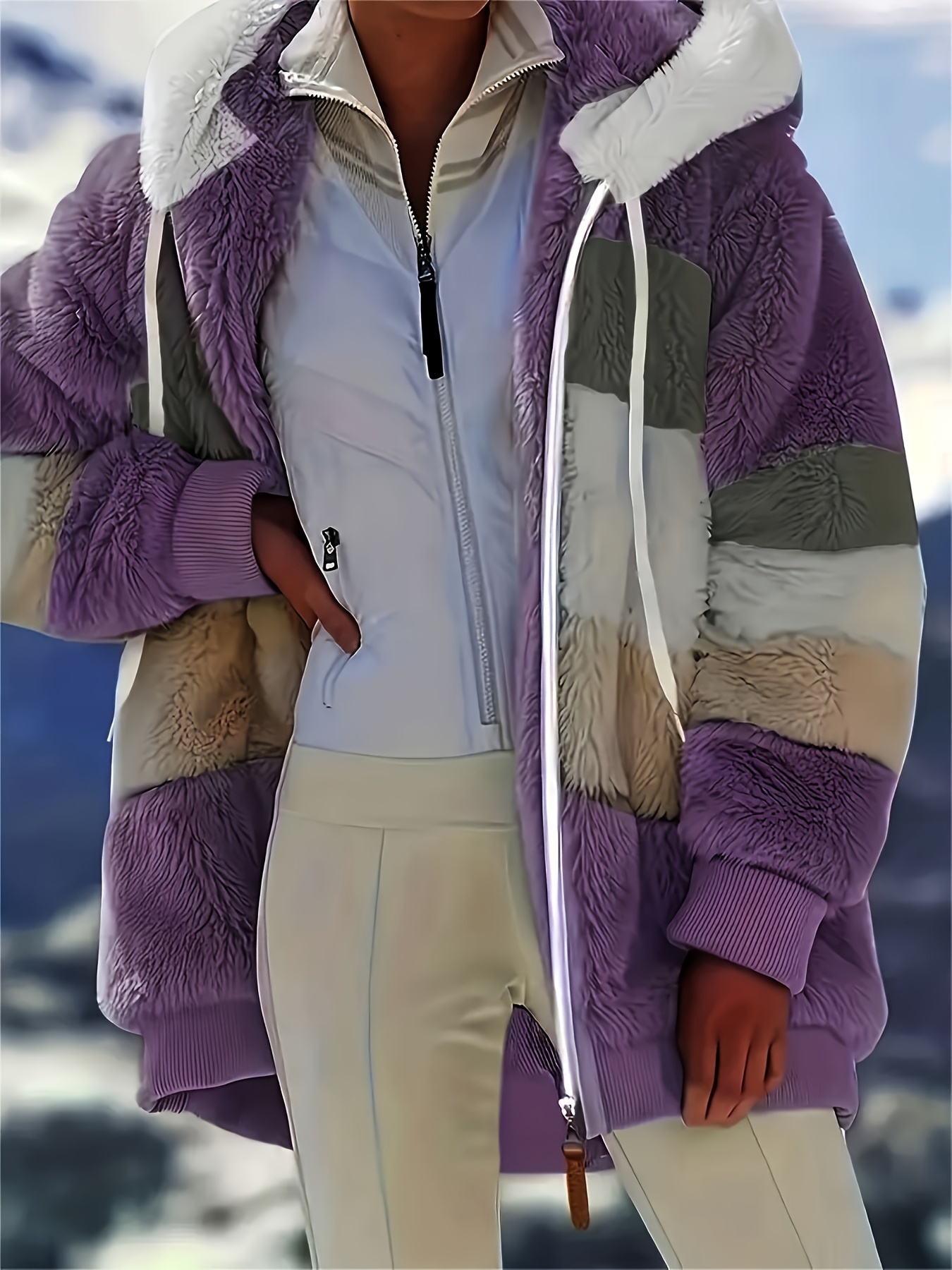 color block fuzzy hooded coat casual long sleeve winter warm outerwear womens clothing details 16