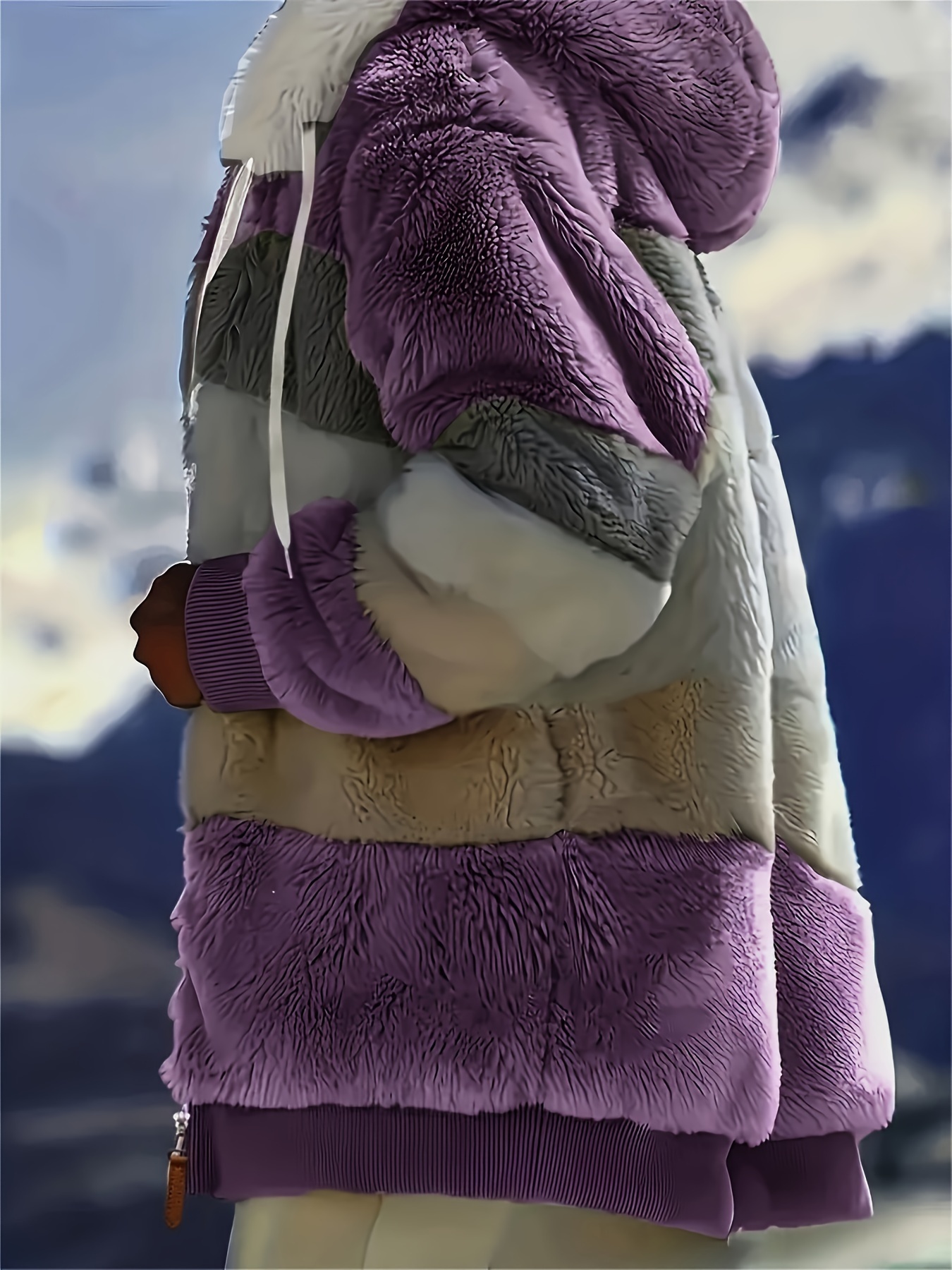 color block fuzzy hooded coat casual long sleeve winter warm outerwear womens clothing details 17