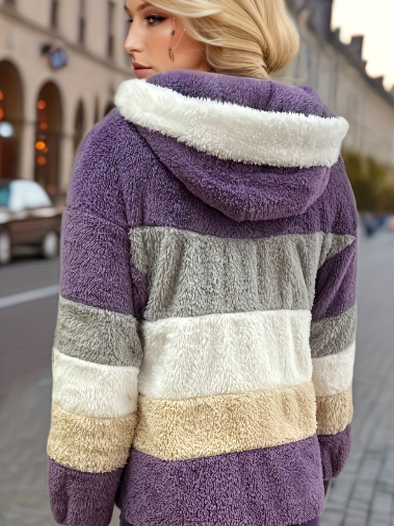 color block fuzzy hooded coat casual long sleeve winter warm outerwear womens clothing details 19