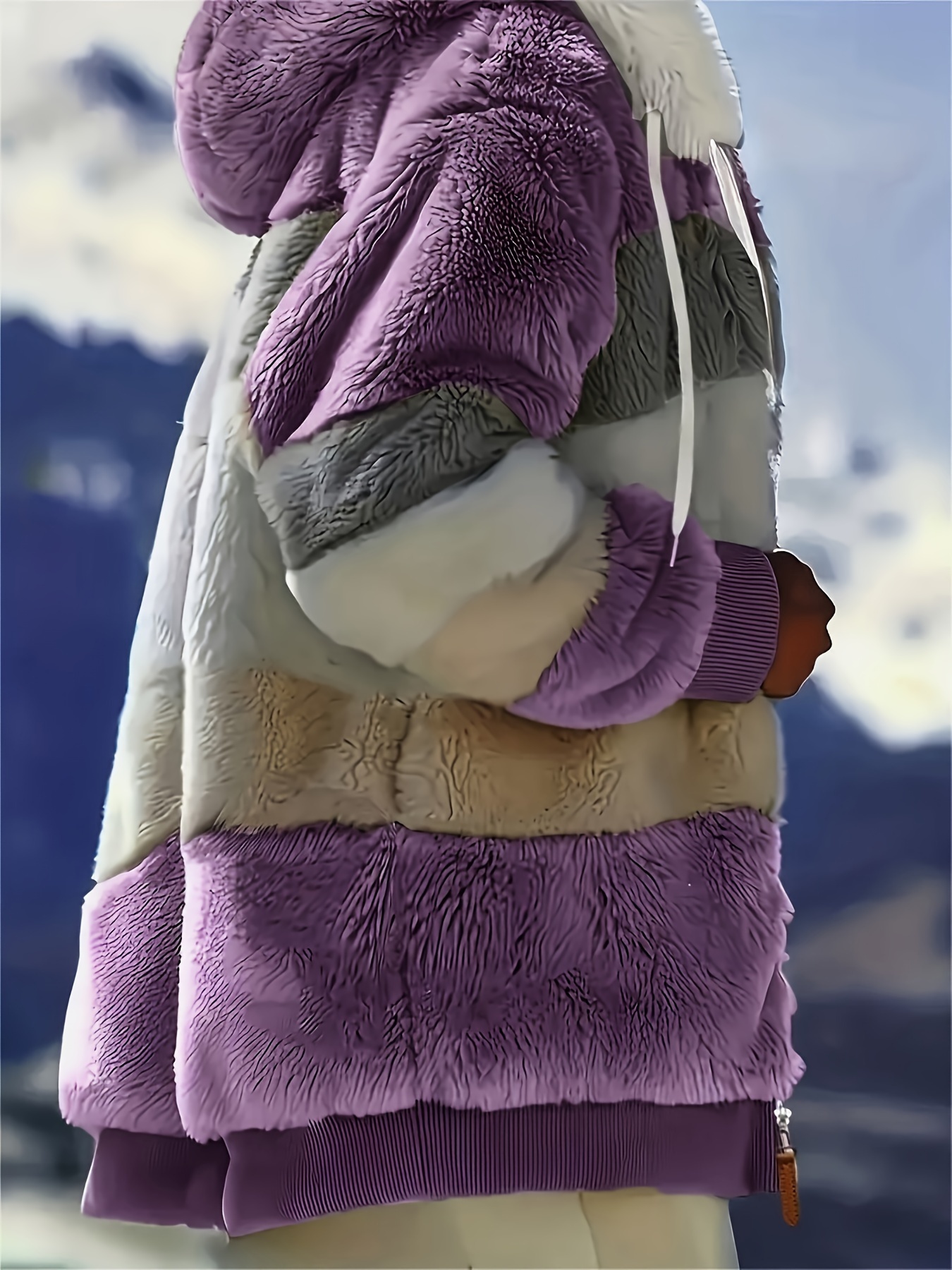 color block fuzzy hooded coat casual long sleeve winter warm outerwear womens clothing details 20