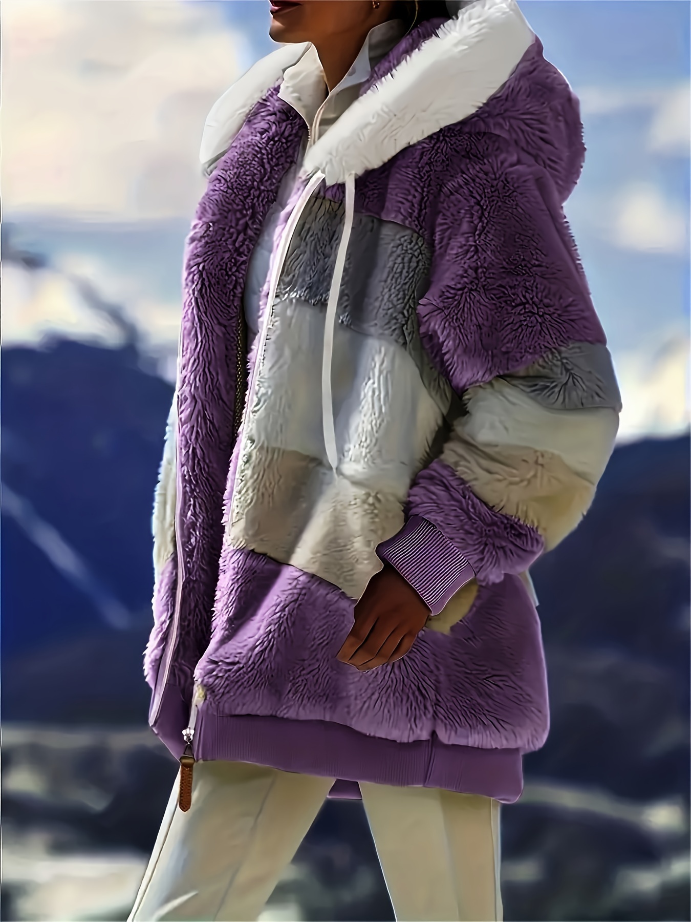color block fuzzy hooded coat casual long sleeve winter warm outerwear womens clothing details 21