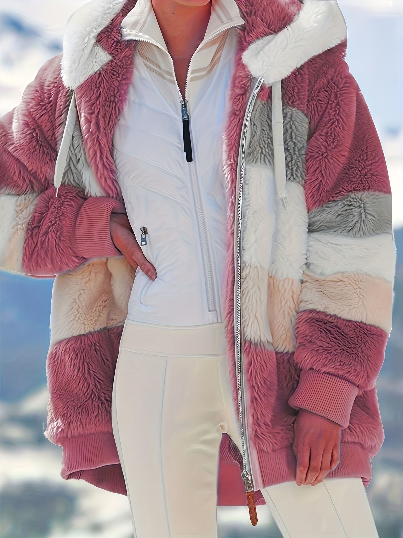 color block fuzzy hooded coat casual long sleeve winter warm outerwear womens clothing details 22