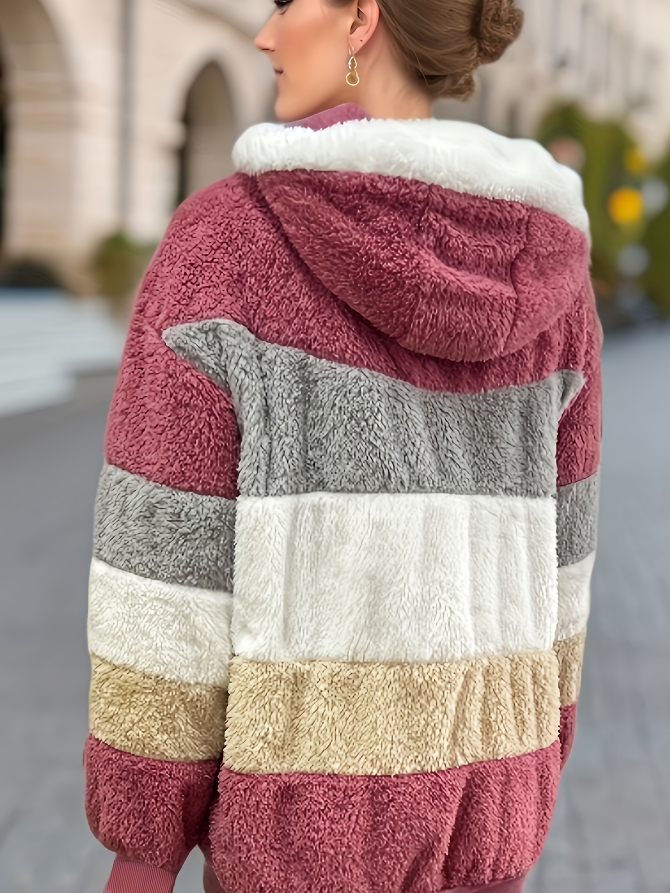 color block fuzzy hooded coat casual long sleeve winter warm outerwear womens clothing details 25