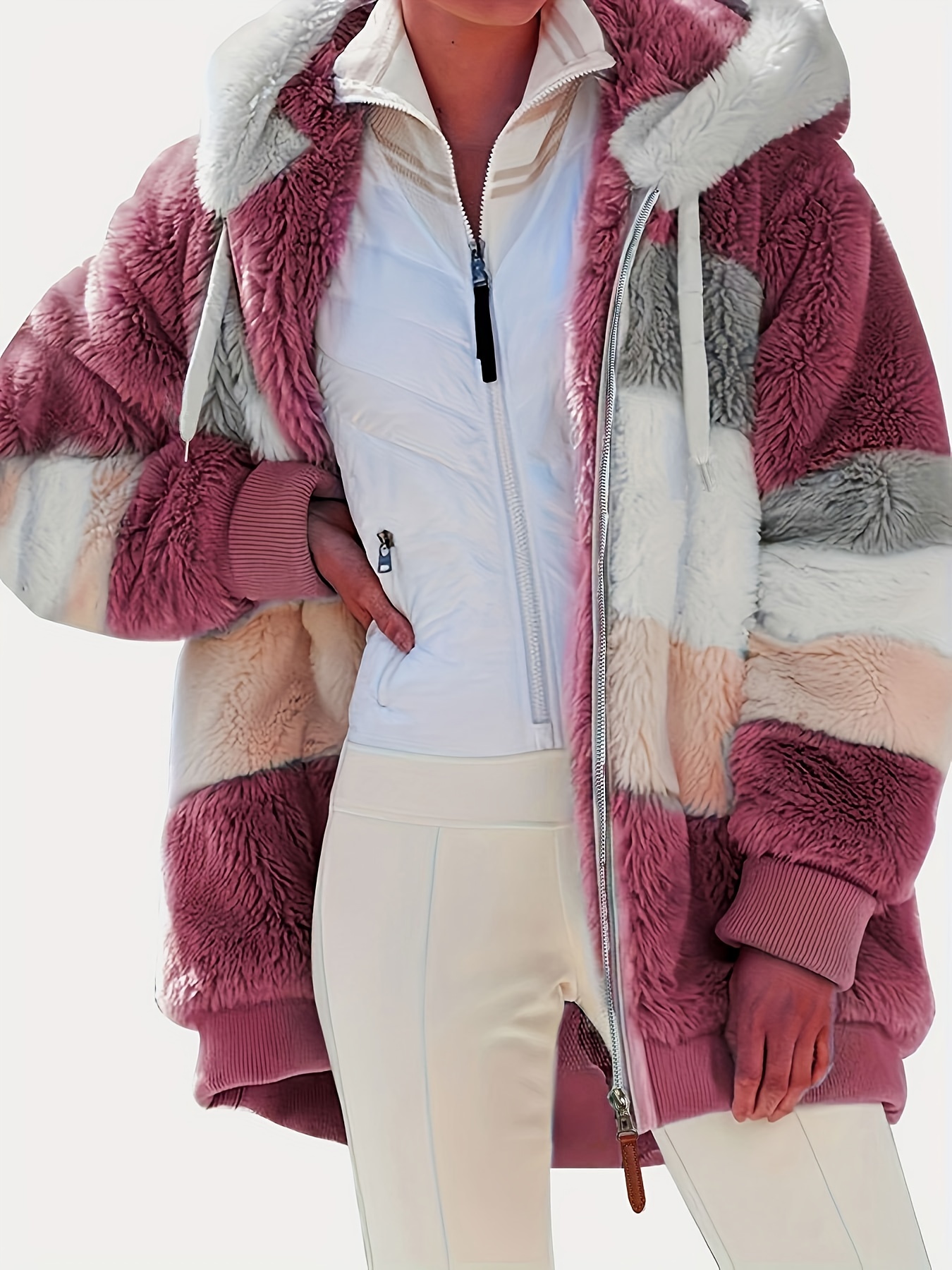 color block fuzzy hooded coat casual long sleeve winter warm outerwear womens clothing details 27